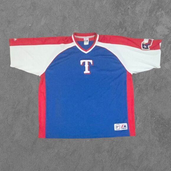 Vintage Texas Rangers MLB Majestic Classic Blue Logo 3XL Batting Practice Jersey - Picture 1 of 6